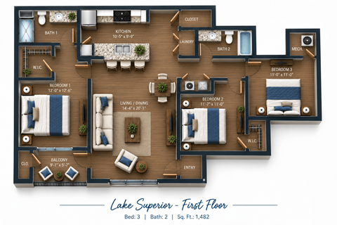 Floor plan for 3 beds, 2 baths, 1482 sqft
